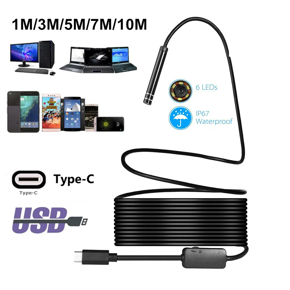 

7mm 6LED Waterproof Endoscope Camera Rigid Free Bending Type C Endoscope Borescopes Inspection Camera for Xiaomi for Samsung/ PC