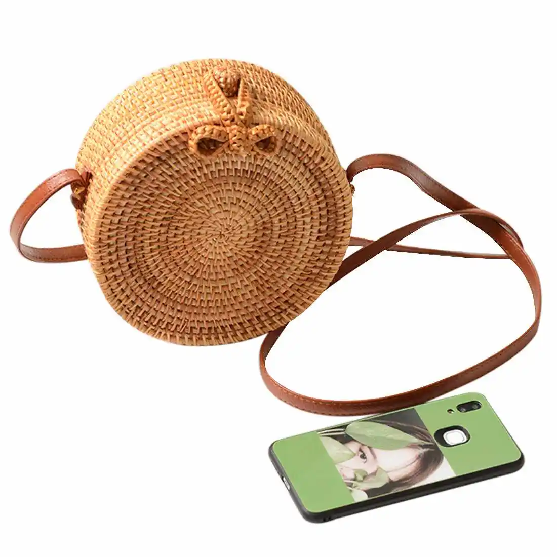 

Round Women Summer Rattan Bag Handmade Woven Beach Cross Body Bag Circle Bohemia Handbag Bali Box(18x8Cm)