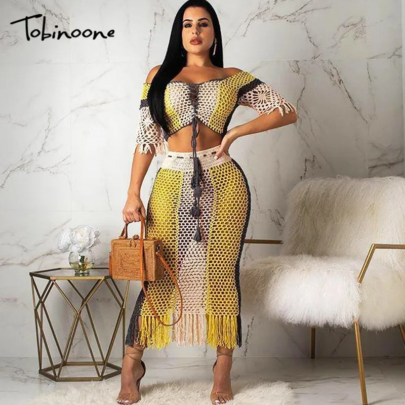 

Tobinoone Sexy crochet cover-ups beach dress Women bandage long sleeve tassel maxi dress Female hollow out summer dress 2019
