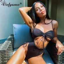 Colysmo, сексуальный цельный купальник, женский, с вырезами, с рюшами, пуш-ап, бразильский Монокини, на шнуровке, с высокой посадкой, пляжная одежда,, черный, бикини