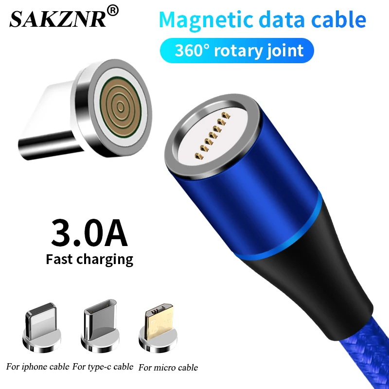 

360 LED Magnetic Charging Cable For IPhone XR XS MAX X 8 7 6 6SPlus 5 5S Mobile Phone Magnet Charger Micro USB Cable Type C Wire