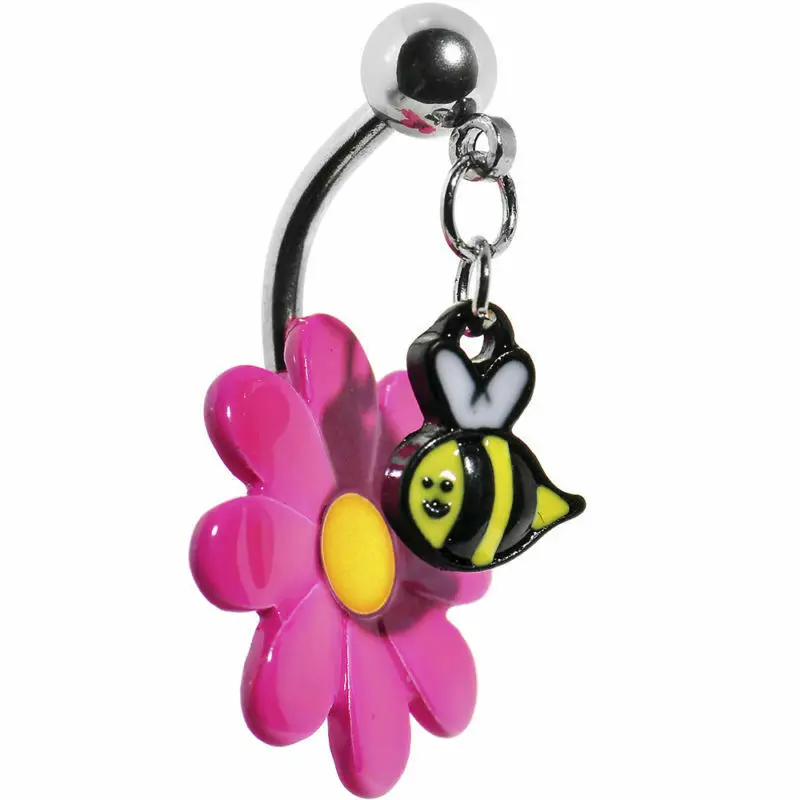 

Rings Dangle Bee Pink Cute New Ring Belly Flower Piercings Button Navel