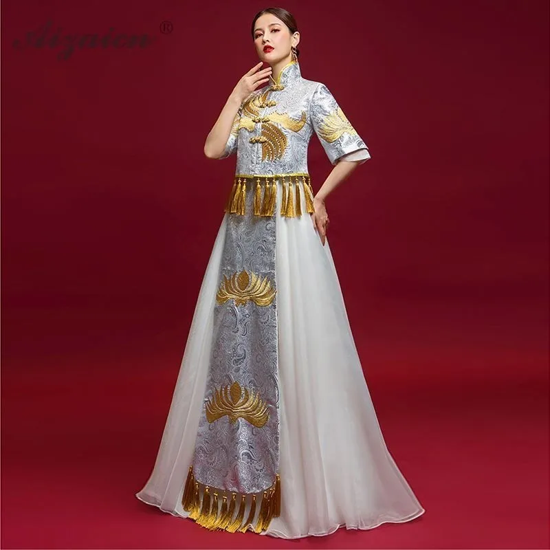 

Chinese Traditional Wedding Cheongsam Elegant Long Satin Dress Women Qipao Vestido Oriental Style Dresses China Costume Vintage