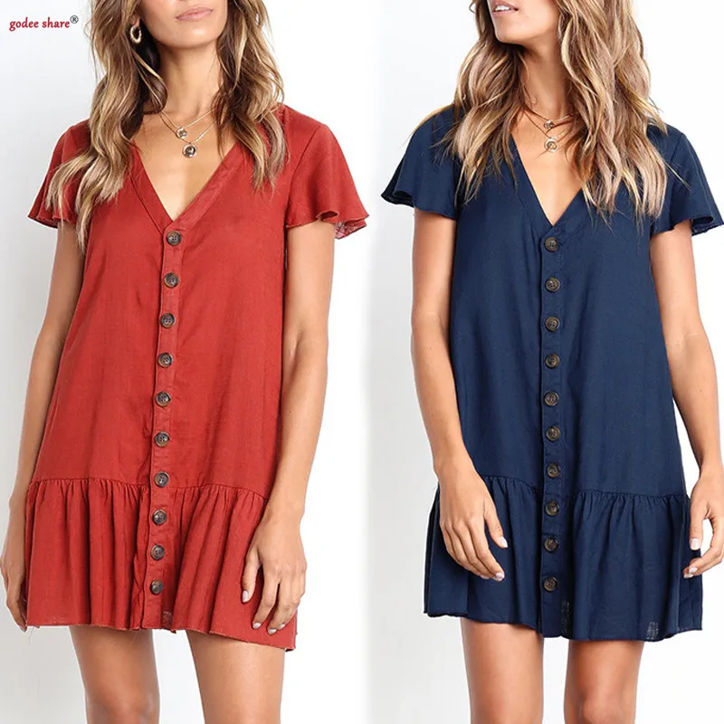 Женское платье 2019 летние однотонные платья с коротким рукавом v-образным вырезом