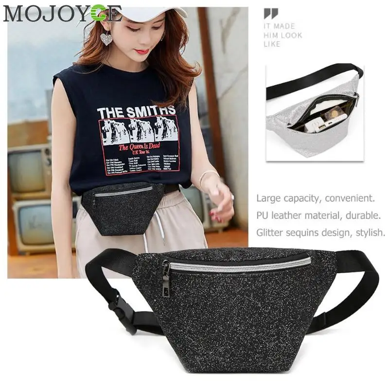 

New Men Women Waist Bag Unisex Fanny Pack Chest Packs Money Belt Belly Bags Purse PU Leather Glitter Chest Bags