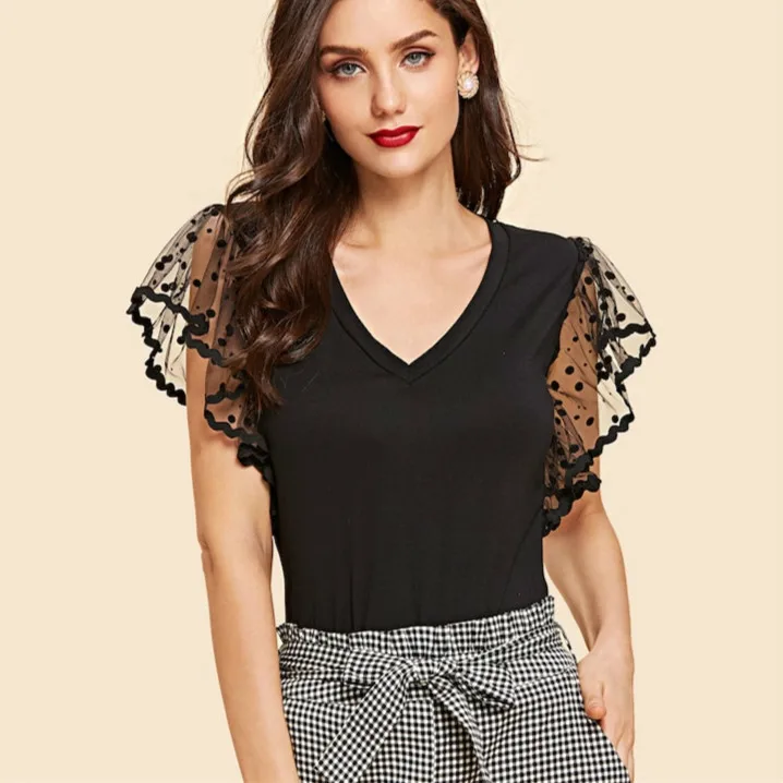 

XUXI Women Summer Elegant Solid Short Sleeve Tshirt Tops Shein Vintage Black Contrast Mesh Sleeve V Neck Plain T-shirt FZ652