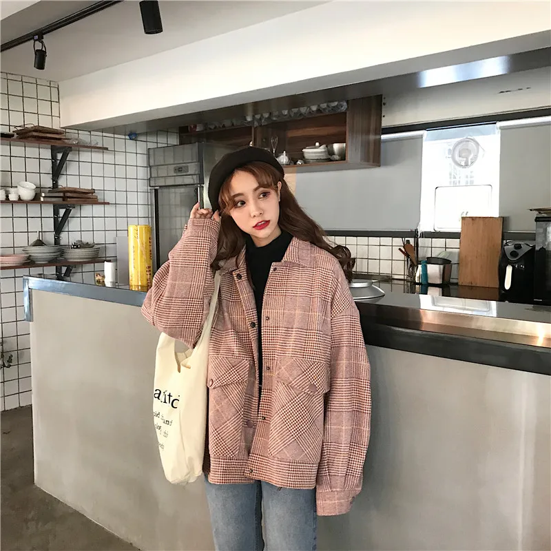 

Lychee Girls Plaid Pockets Women Thick Jackets Turn Down Collar Long Sleeve Loose Coats Autumn Winter Warm Vintage Sweet Coats