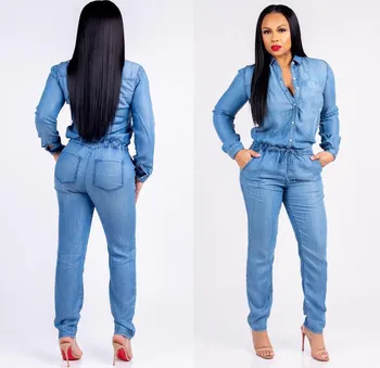 

Plus Size Fashion Spring Women Jeans Jumpsuits Lace Up Denim Jumpsuits Long Sleeve Denim Rompers