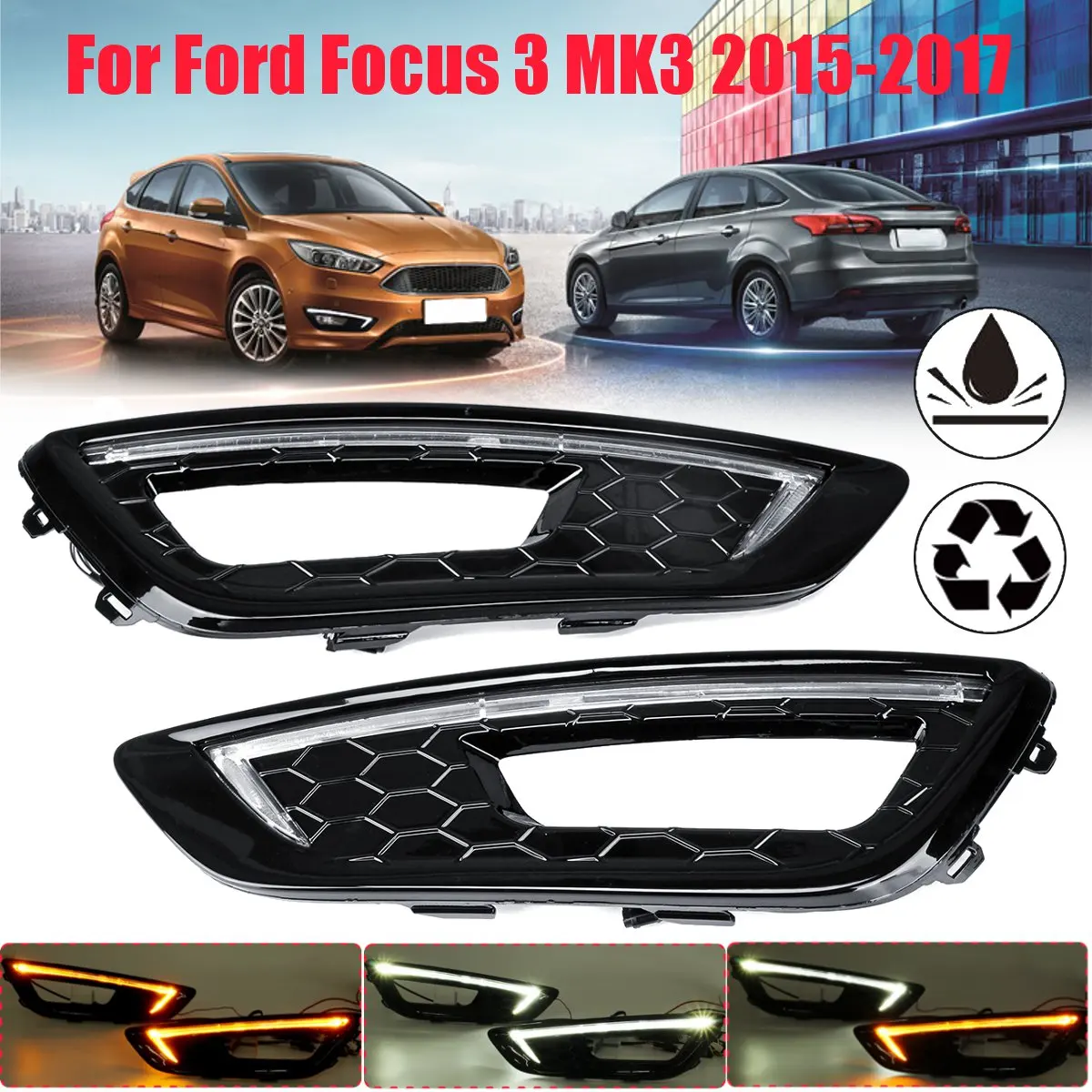 

1 Pair LED Daytime Running light For Ford for Focus 4 2015~2017 Car Flashing LED Day Lights Fog light with yellow turn signal