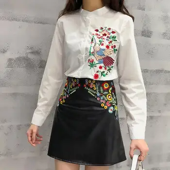 

2020 Spring Summer Women Sets Two Piece Fashion Office Lady Cotton Embroidery Blouse Top+PU Leather Mini Skirt Outfits Clothes