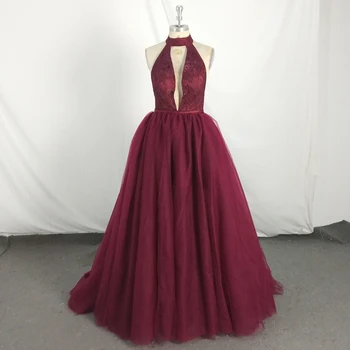 

Burgundy Red Tulle Halter Neck Detachable Skirt Prom Dresses Two Pieces Long 2019