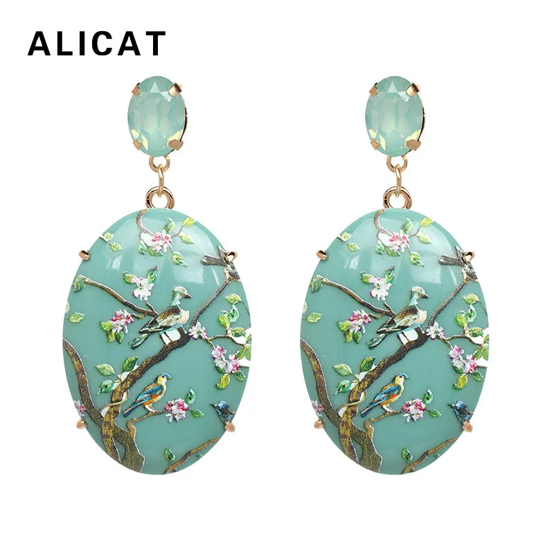 

Earrings Bohemian Vintage Big Stone Earring Oval Flower Birds Print Women Jewelry 2018 Fashion Jewelry Female Wholesale