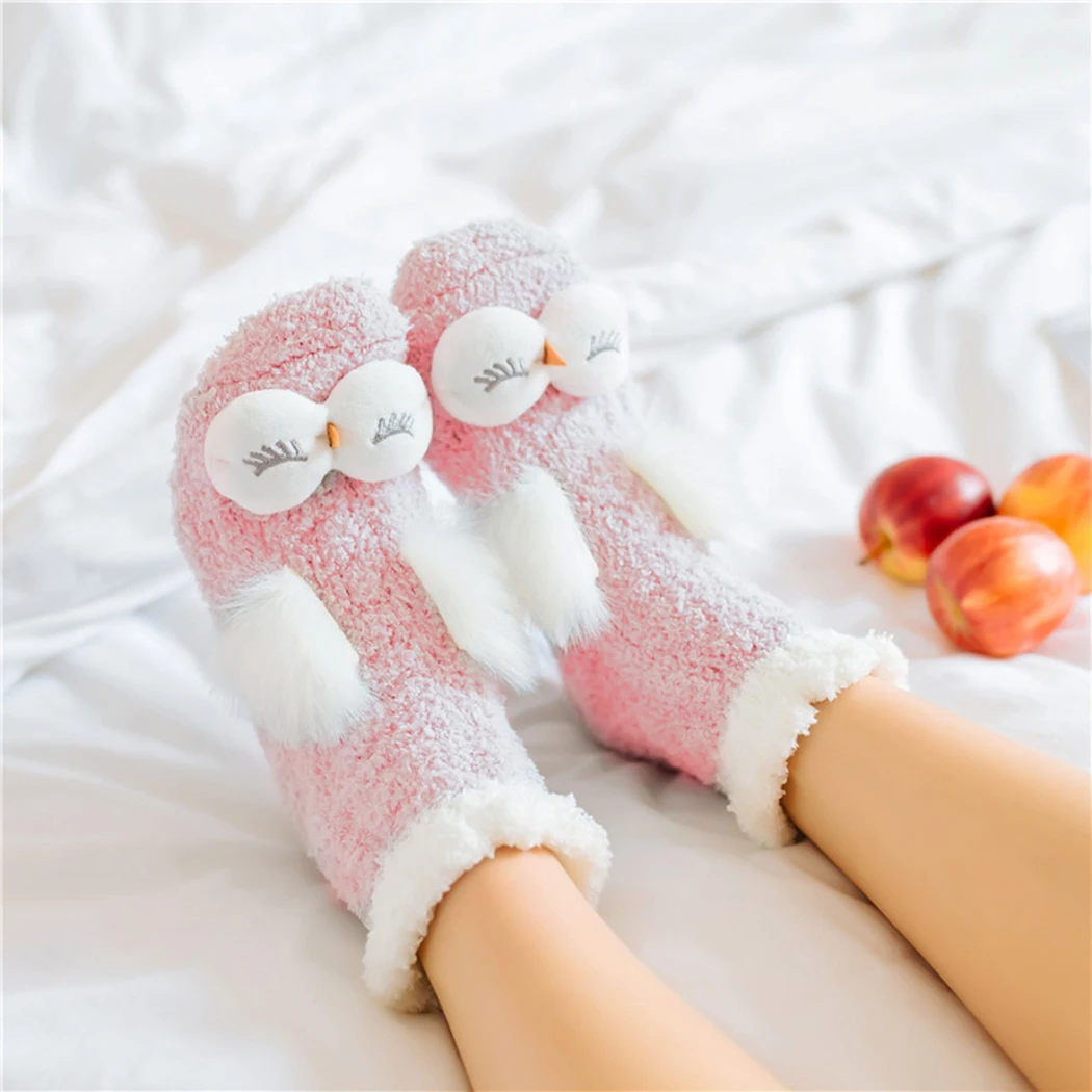 Обувь для девочек Теплые зимние мягкие носки с кроликами Indoor прекрасный мультфильм сова кролик носки для женщин ComfortableThick дома кровать пол