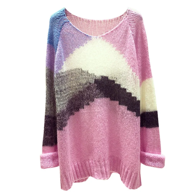 Thin Lazy Wind Sweater Pullover Early Autumn 2018 New Style Color-Block Loose-Fit Jumpers Female Long Sleeve Cutout Top Thin Lazy Wind Sweater Pullover Early Autumn 2018 New Style Color-Block Loose-Fit Jumpers Female Long Sleeve Cutout Top