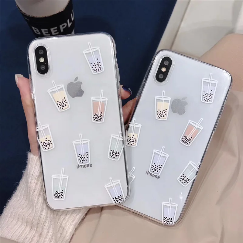 

Ottwn Soft Silicone Phone Cases For iPhone X XR XS Max Cartoon Transparent Summer Pearl Milk Tea Peach For iPhone 6 6s 7 8 Plus