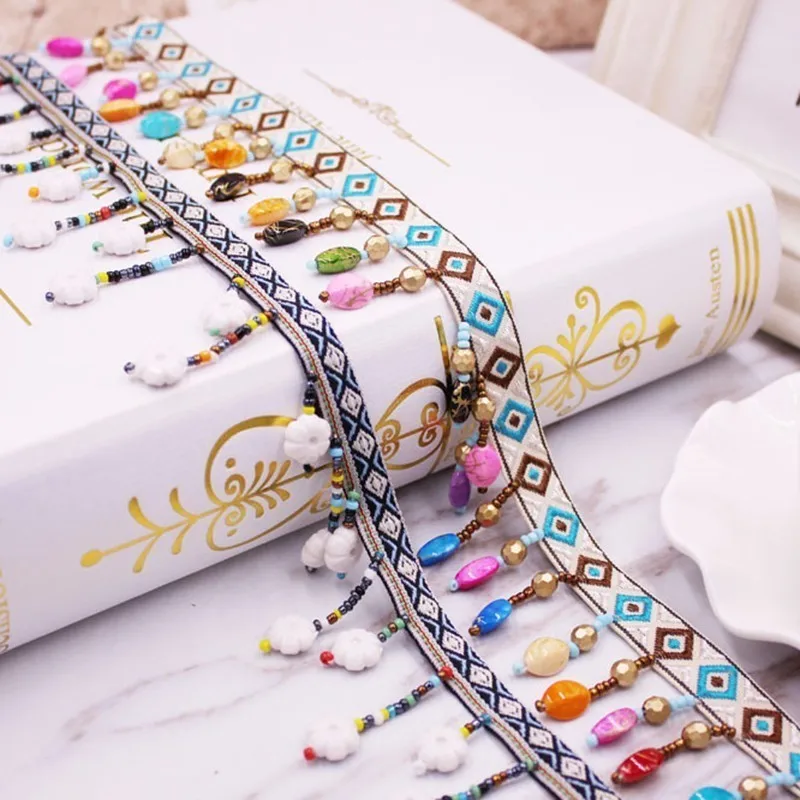 

Prajna Bohemian Beaded Lace Fabric Trim Ethnic Embroidery Lace Ribbon Colorful Drop Tassel Chain Bead Pendant Cloth Collar Decor