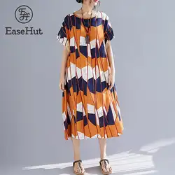 EaseHut женское платье-оверсайз контрастный колор блок напечатаны половинные рукава халаты хлопок лен летние платья мешковатые качели платья