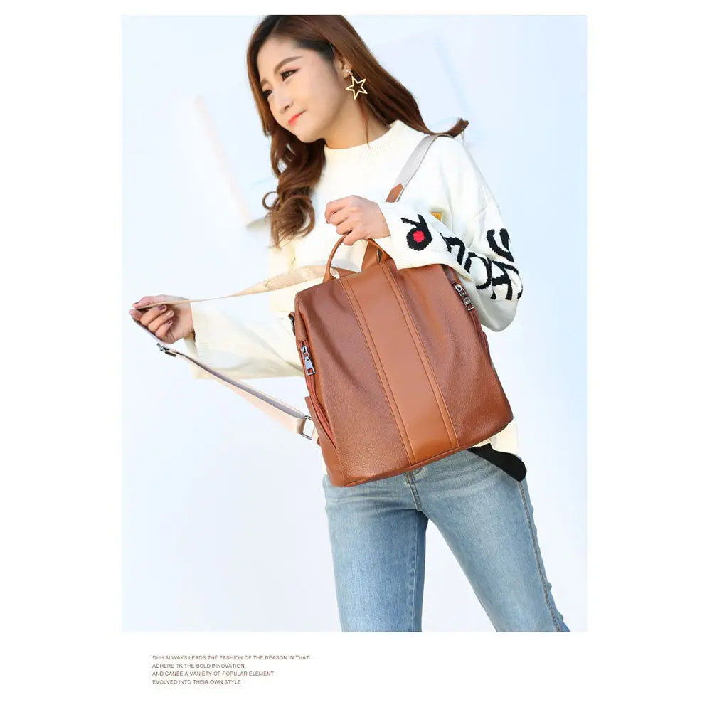  Women's trend backpack PU leather fashion solid color large capacity shoulder bag - 32994769424