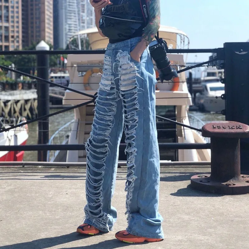 

2019 New Boyfriend Style High waist Hollow Out Big Hole Denim Jeans Blue Vintage Loose Ankle-length Harem Pants Casual Trousers
