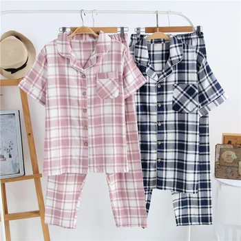 

New 100% Cotton Double Gauze Pajamas Couple Short Sleeve Plaid Pijama Mujer Man and Woman Loungewear Pijama Mujer Home Clothes