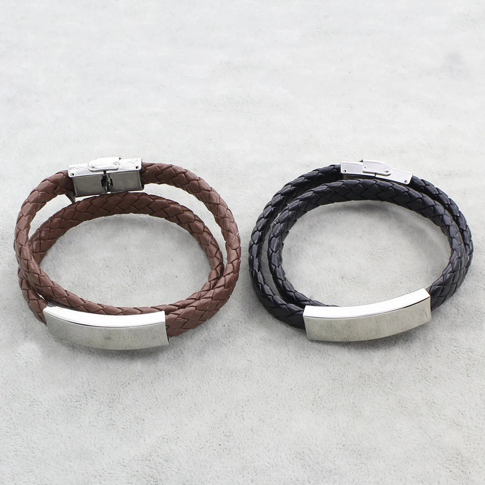 

YYW 2 Rows Multi Layer Original Tags Stainless Steel Jewelry Leather Cord Wrap Wristband Bracelet Bangles Punk Hip Hop Male Men