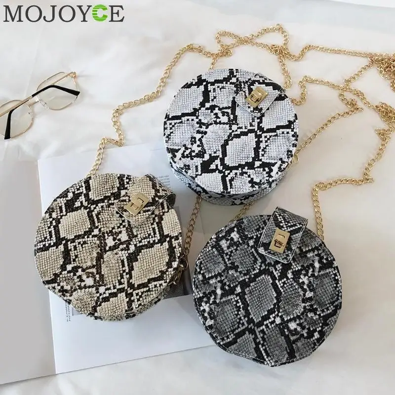 Retro Serpentine Chain Round Bag Women Handbags Printed Small PU Leather Shoulder Crossbody Bags Female Messenger Bag