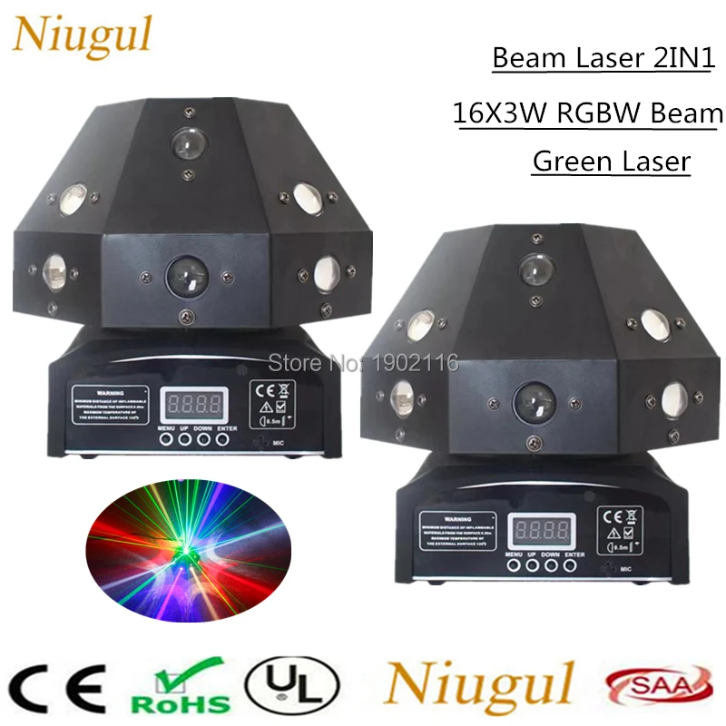 

2pcs/lot 16X3W RGBW LED Beam Light + Green Laser Light professional DMX Sound Control LED Moving Head Stage Lights For Bar Club