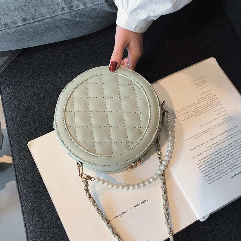 

Female Round Beading Tote Crossbody Bags Women 2019 PU Leather Luxury Handbags Designer Ladies Hand Chain Shoulder Messenger Bag