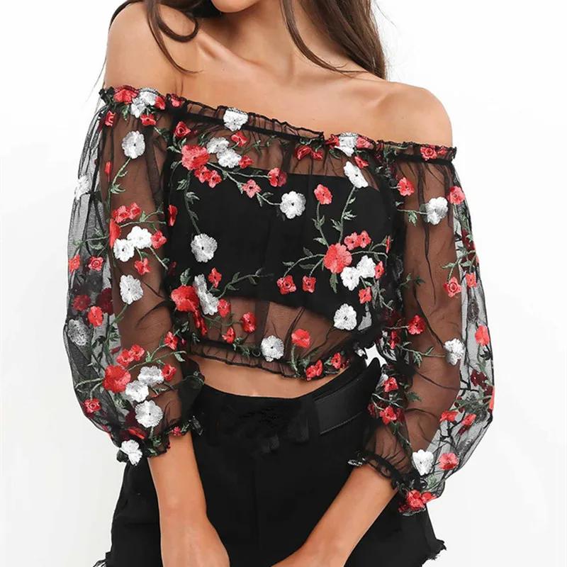 

2018 New Sexy Women Summer Short Tops Long Sleeve Off-Shoulder Sexy Perspective Embroidery Flowers Net Yarn Shirt Tops