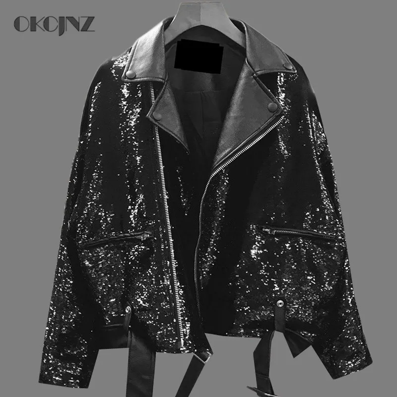 

2019 Spring Sequins PU Leather Jacket Woman Bomber Jackets Harajuku Streetwear Spliced Coat Female Loose BF Short Outwear Okq133