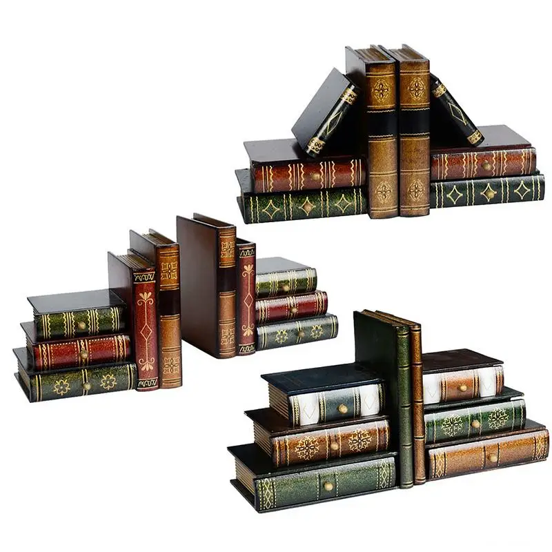 

Set Of 2 Stacked Books Bookends Vintage Decor Wooden With Desktop Organizer Drawer Units For Home And Office Decoration