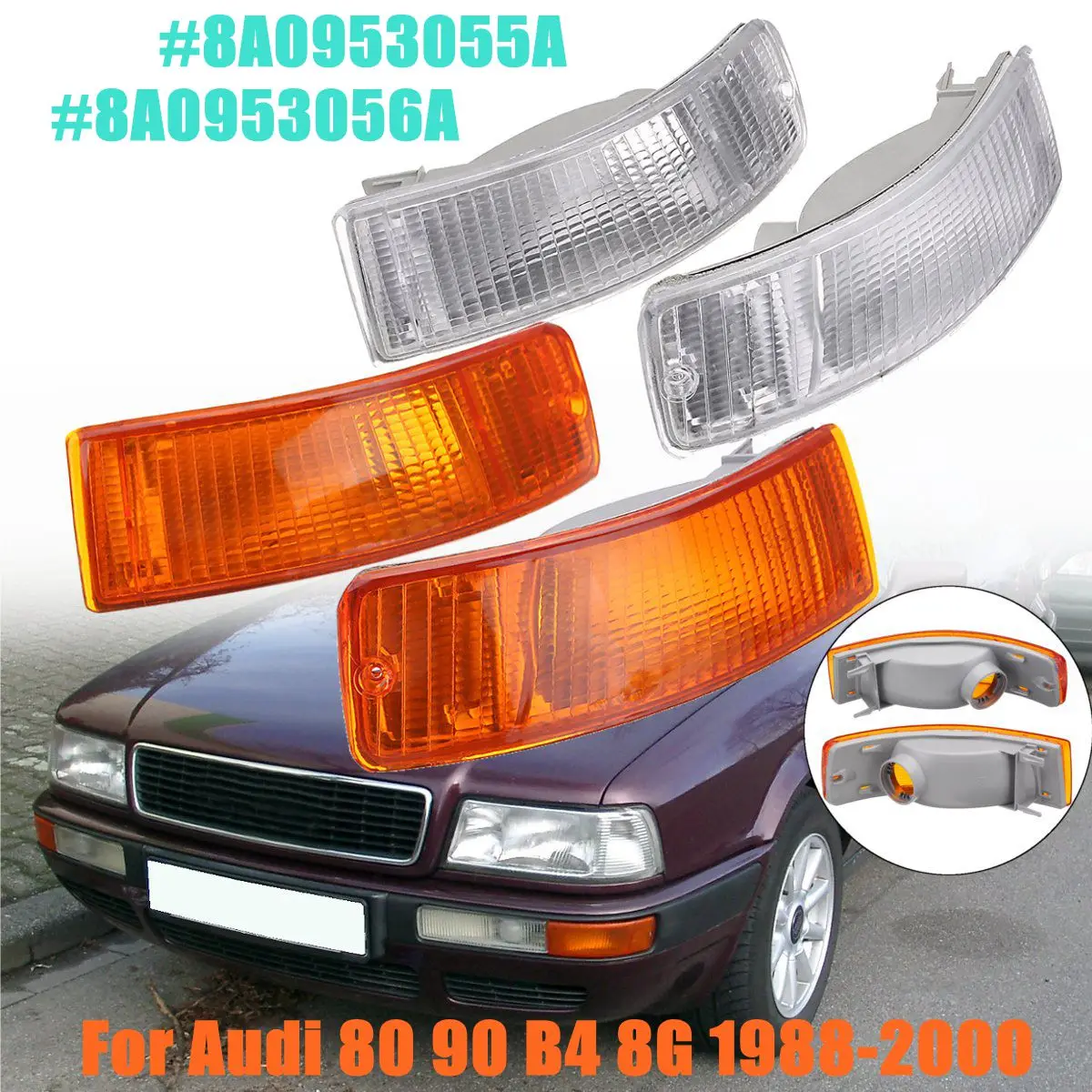 

1Pair Indicator Blinker Turn Signal Lights White Amber for Audi 80 90 B4 8G 1988-2000