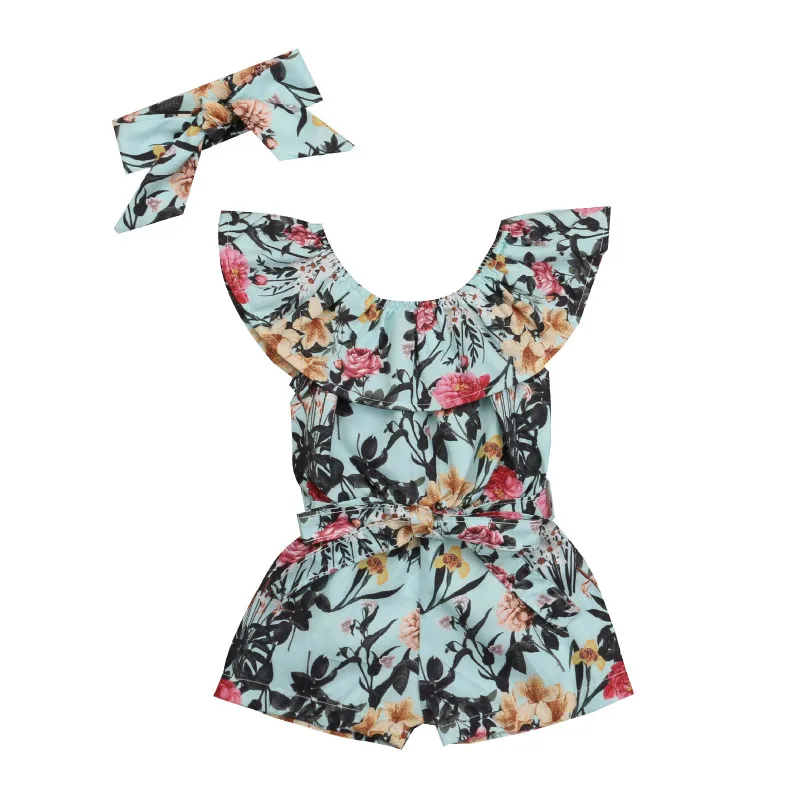 

3M-3Y Newborn Toddler Kids Baby Girl Sleeveless Cape Collar Floral Romper Jumpsuit Headband 2PCS Summer Clothes