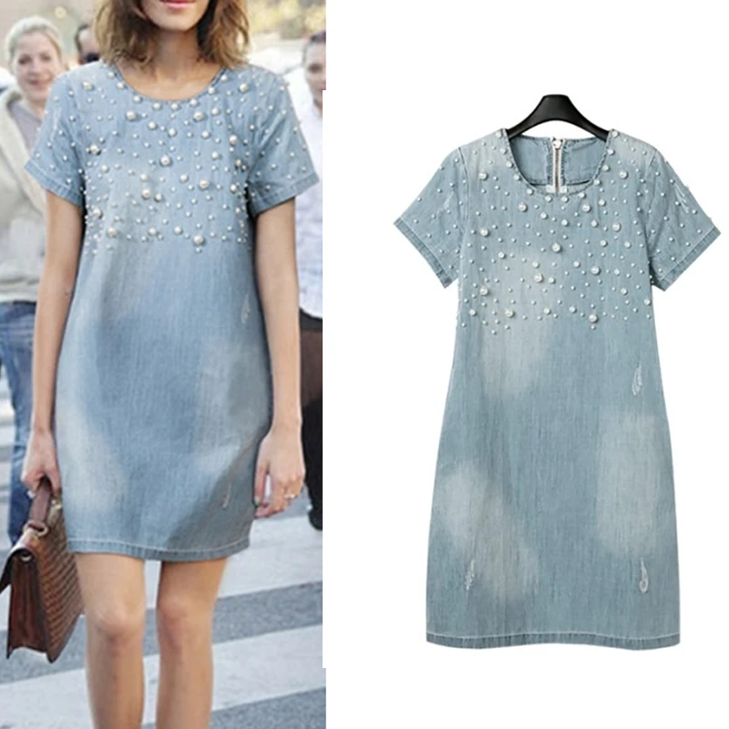 2019 Summer Loose Blue Jeans Dresses for Women Plus Size Short Sleeve O Neck Women Denim Dress Washed Vestidos 4XL 5XL