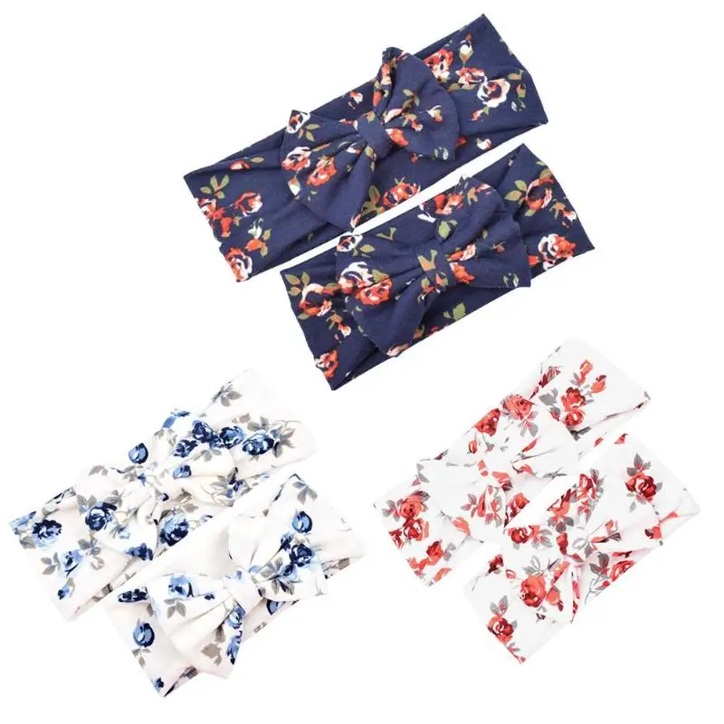 

2pcs/set Mummy Baby Bowknot Hairband Mother Kids Flower Print Elastic Hairband Parent-child Headdress Baby Photo Props Head-wear