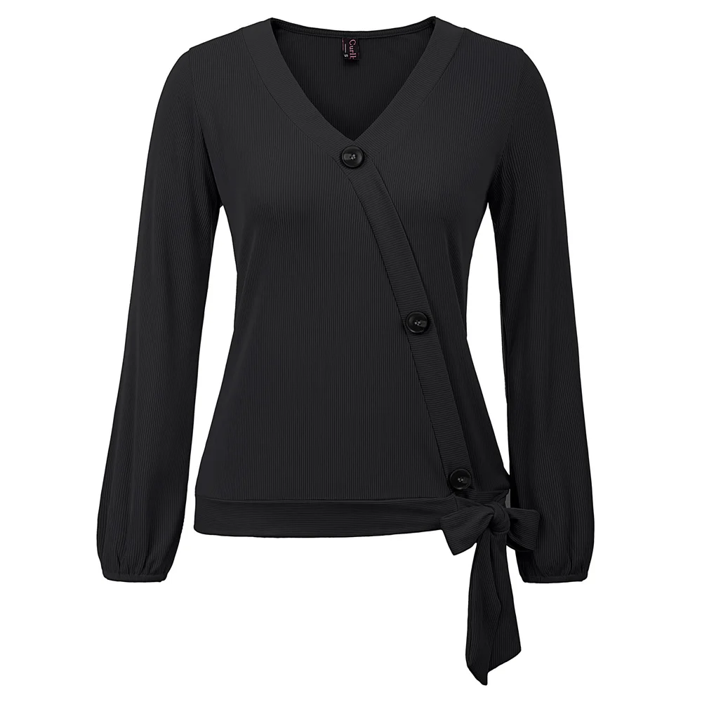 

retro Women tops Long Sleeve V-Neck shirt Button Decorated solid color elegant slim Spring Front Tie Knot Pullover Tops