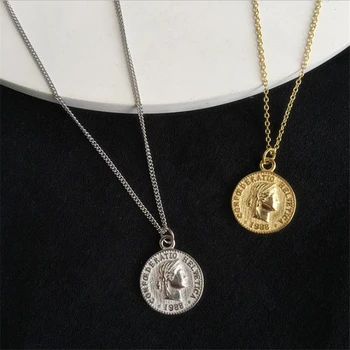 

2020 New Creative Golden Personality Queen Avatar Tibetan Silver Jewelry 2 Colors Dollar Coin Round Beautiful Pendant Necklaces