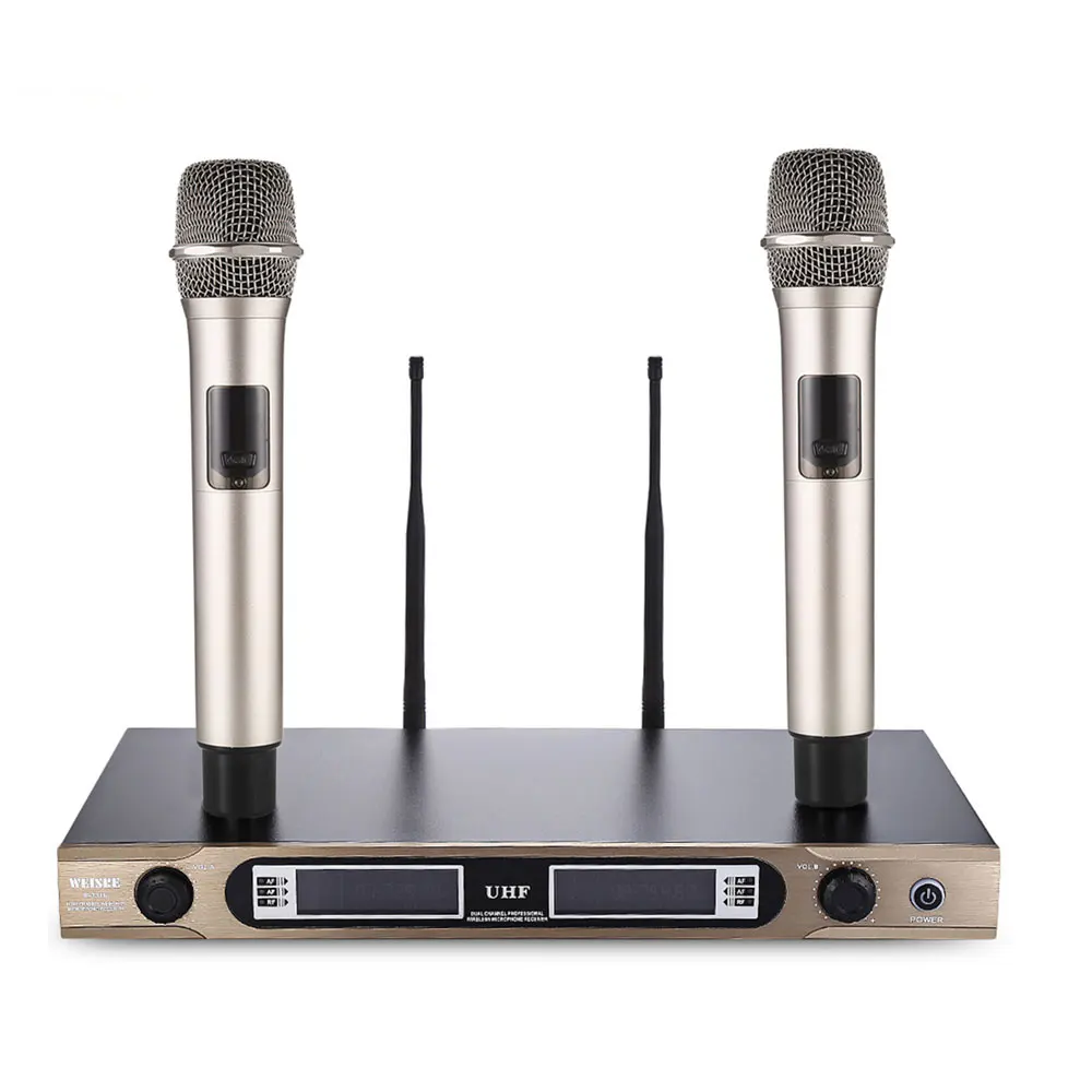 

WEISRE U-3316 720-770MHz UHF Wireless 2 Channel Handheld Microphone System With 2 Microphone for Speech Karaoke Meeting Party