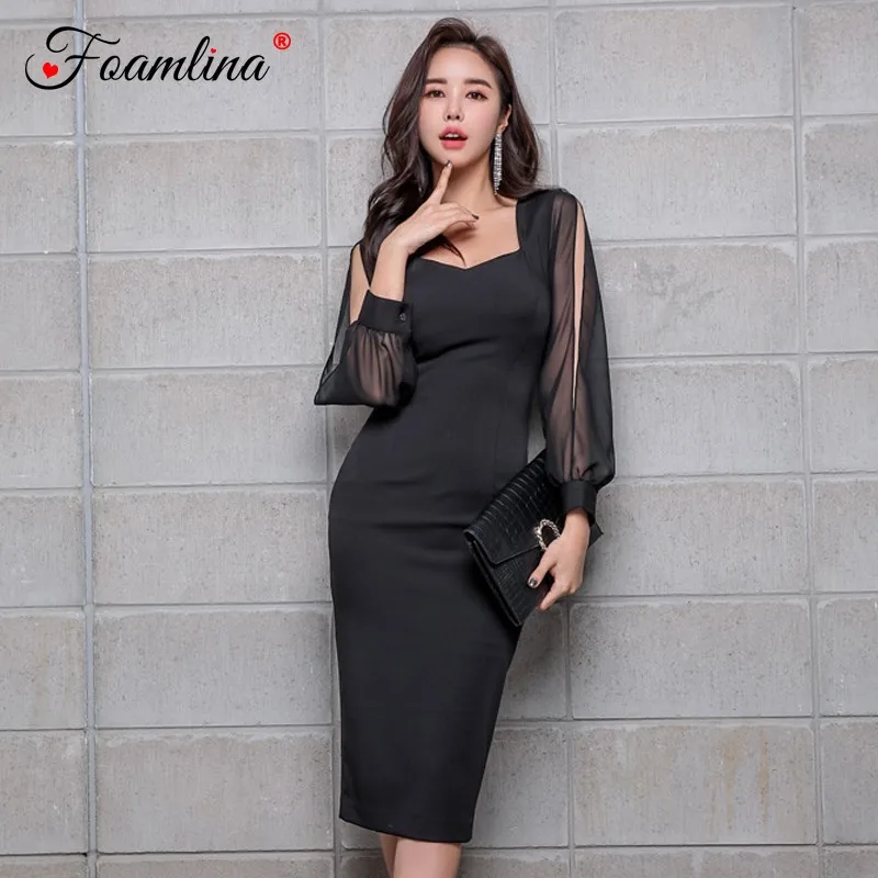 

Foamlina Elegant Women Spring Fashion Bodycon Dress Sexy V Neck Chiffon Split Long Sleeve Casual Work Office Midi Pencil Dress