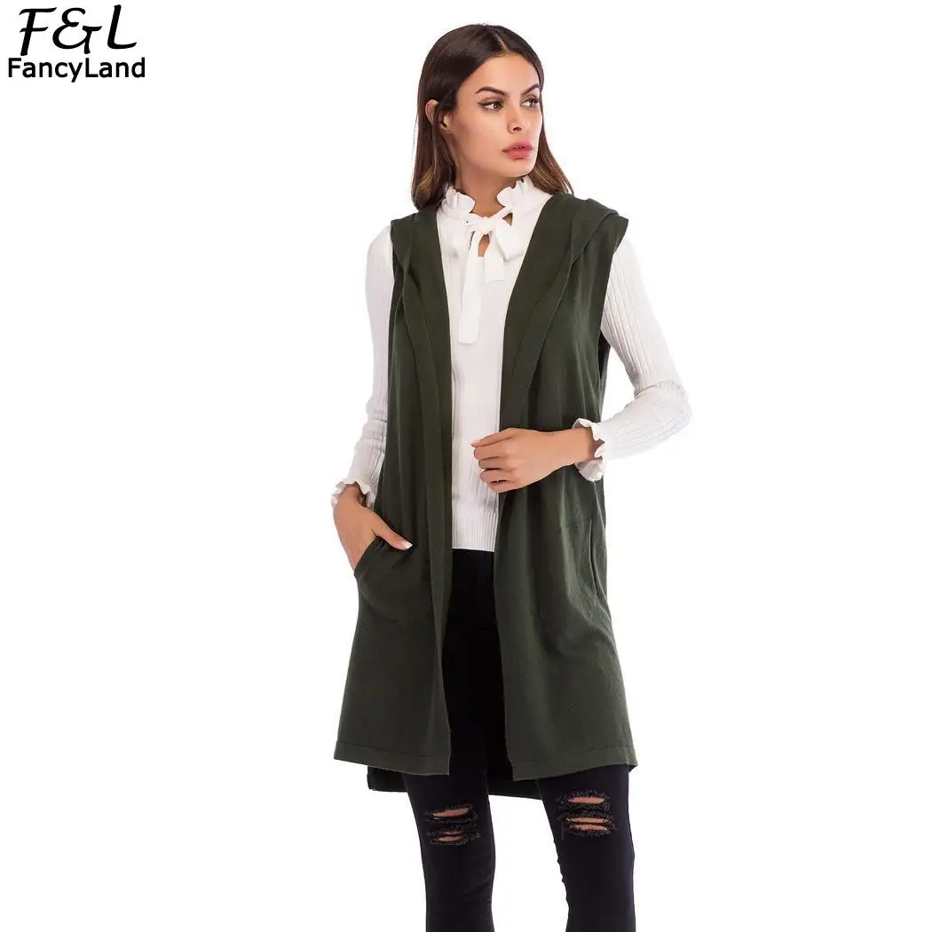 

Fashion Casual Cardigan Hooded Vest Sleeveless Knit Women Long Sweater Spring Autumn Gray Winter Black Solid Green Sweater