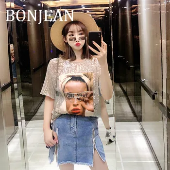 

BONJEAN 2019 Summer Tops and Tees Short Sleeve Apricot Shirt with Sequin Appliques Loose T Shirt O-Neck Women's Shirts BJ1116