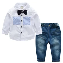 Весенняя рубашка с длинными рукавами для мальчиков, джинсовый костюм с брюками, мужской комплект из двух предметов в британском стиле