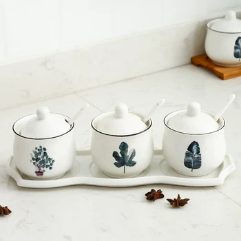 

Ceramic seasoning jar kitchen supplies household seasoning box set Nordic plant combination seasoning bottle storage tank 4 sets