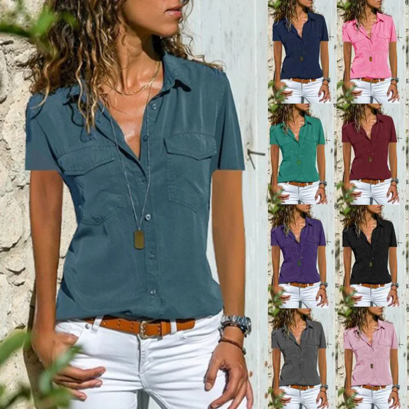 

2019 European And American Summer New Style Ms Shirt Lapel Short Sleeve Shirt