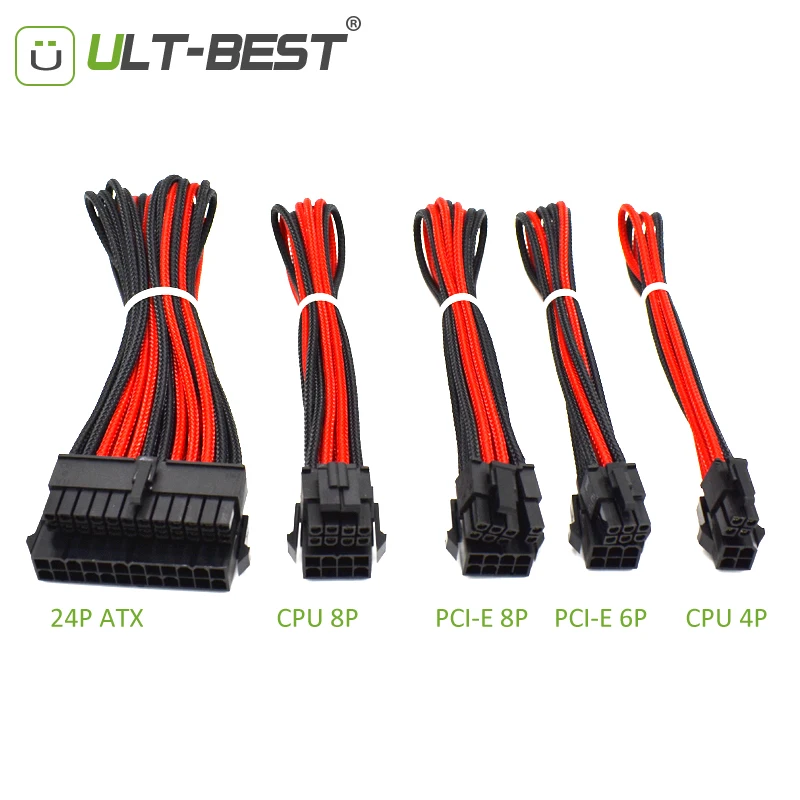 

ULT-Best ATX 24Pin CUP 8Pin PCI-E 8P (6+2) PCIE 6Pin CPU 4Pin Power Supply M/F Extension Cable Red Black Nylon Sleeved Wire