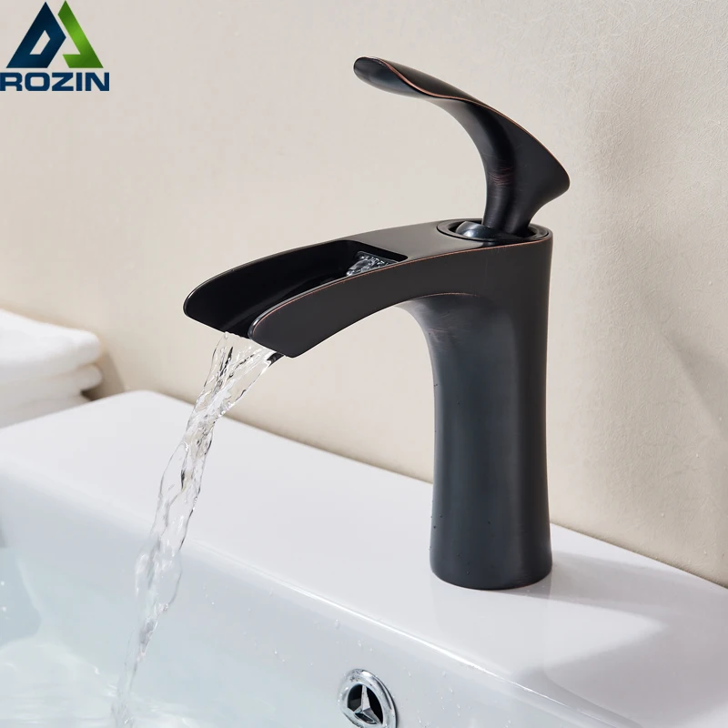 Black Waterfall Basin Sink Faucet Deck Mounted Bathroom Vessel