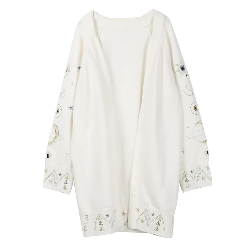 

Women's Sweater 2019 Spring Fashion Knit Cardigans V-neck Starry sky Embroidery Sweaters Thick loose Outerwear Black cardigan
