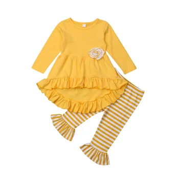 

2PCS Kids Baby Girls Long Sleeve Tops 3D Floral Dress Striped Ruffle Pants Outfits Set Clothes