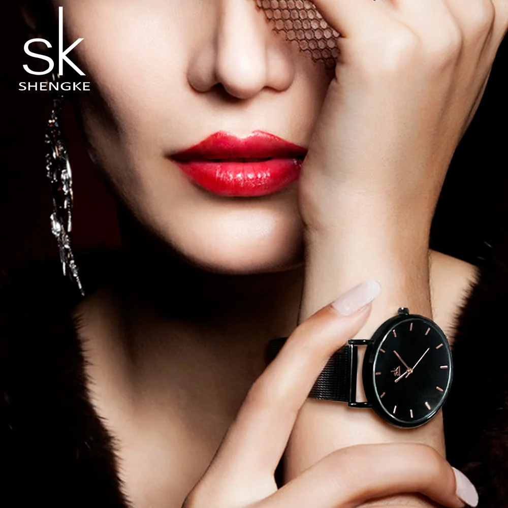 

2019 Shengke Fashion Black Women Watches High Quality Ultra thin Quartz Watch Woman Elegant Dress Ladies Watch Montre Femme SK