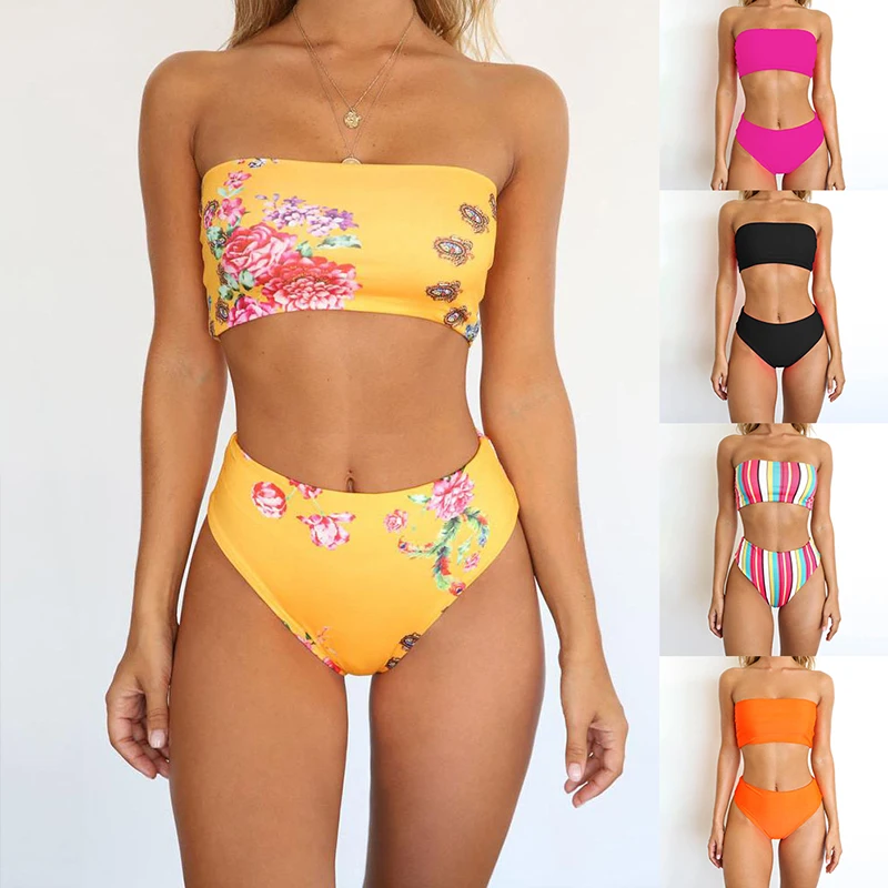 

Bandeau top swimsuit female High waist yellow bikini 2019 Floral print bathers High cut swimwear women two-piece suits
